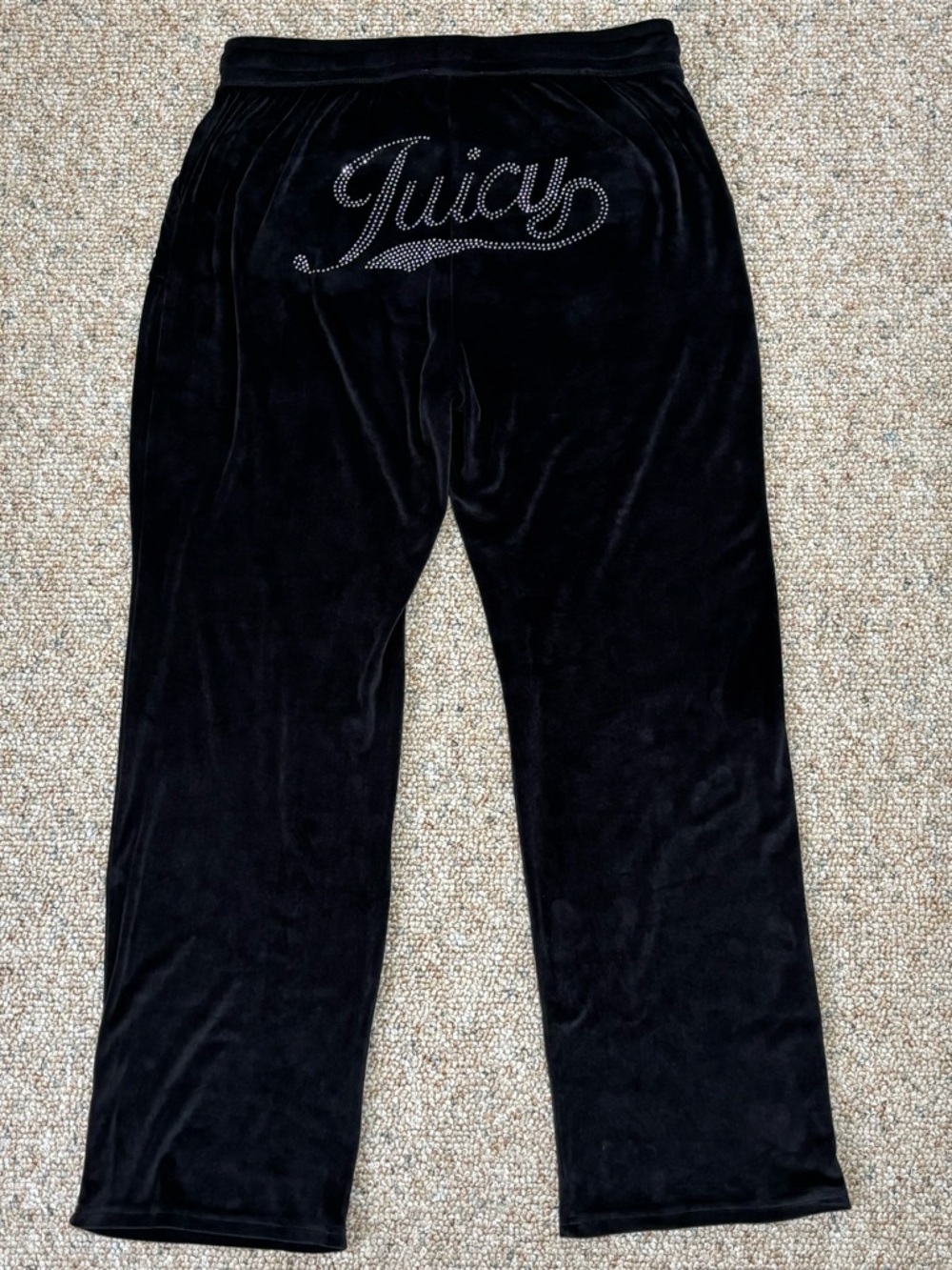 Juicy Couture Black Velour Pants Wide Leg Bling Rhinestone Logo Size Large Y2K